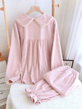 Long Sleeve Collared Panel Lace Pajama Set