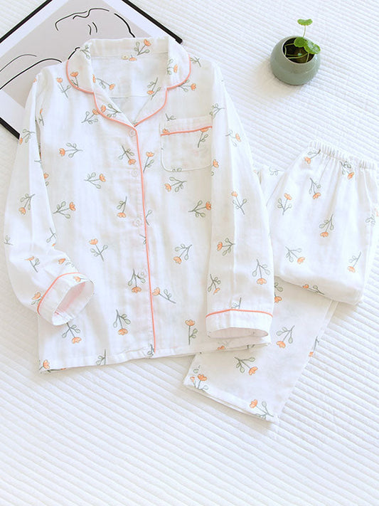 Small Flower Print Shirt Pajamas Set