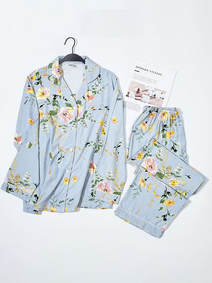 Spring Floral Shirt Long Pants Pajamas Set