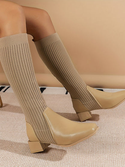 Knitted Knee Chunky Heeled Boots