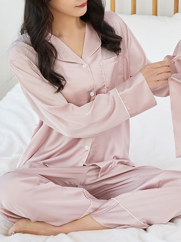 Satin Solid Color Shirt Pajama Set
