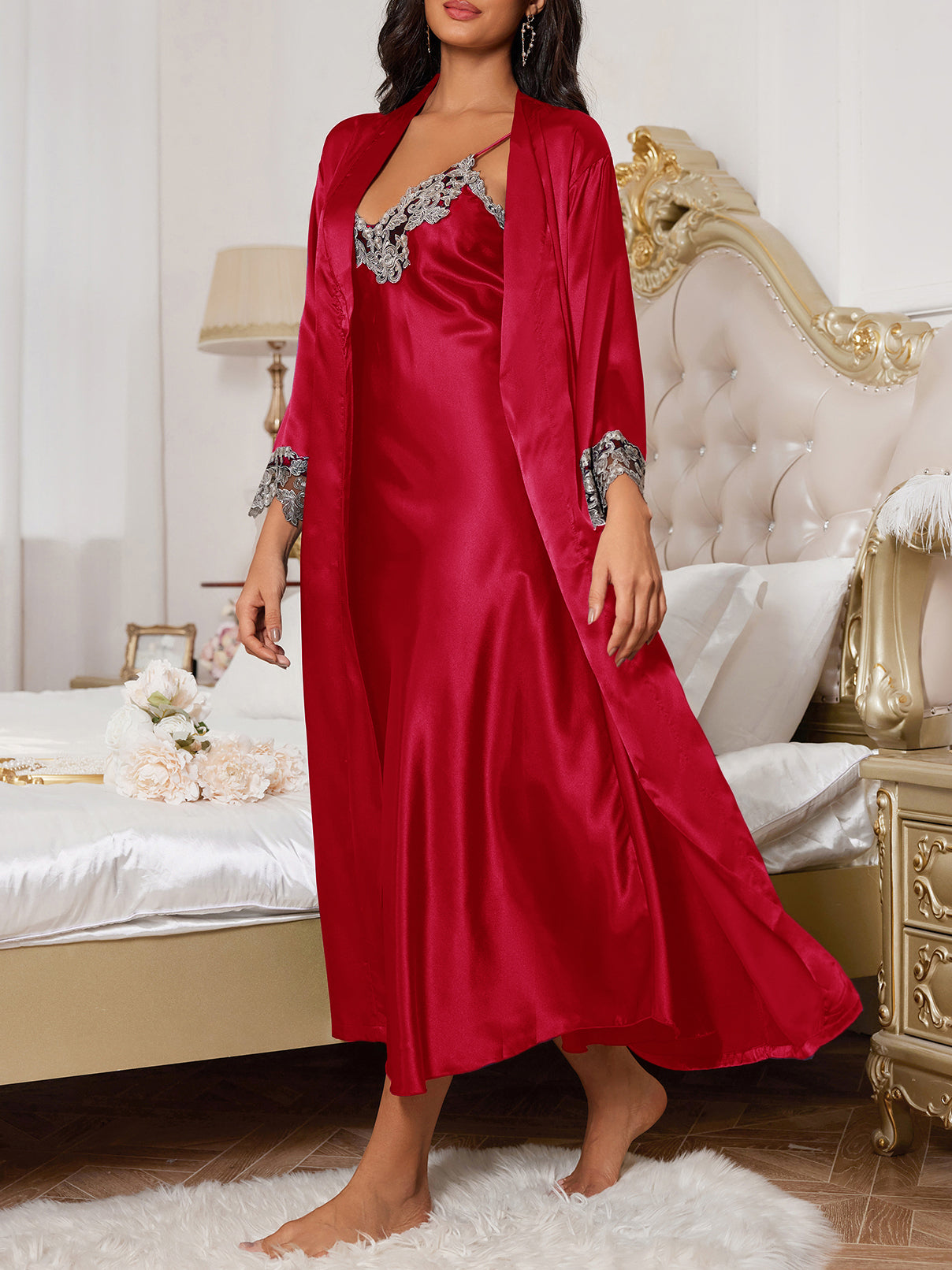 Lace V Neck Nightdress & Robe Set