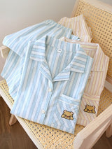 Cotton Stripe Cartoon Print Long Sleeve Pajama Set