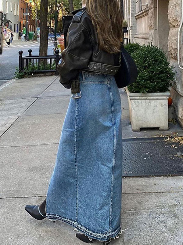 Split Front High Waist Maxi Denim Skirt