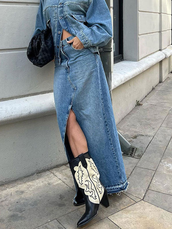 Split Front High Waist Maxi Denim Skirt