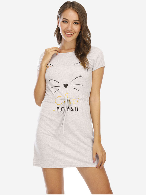 Cat Prtint Drawstring T Shirt Nightdress