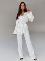 2Pcs Summer Long Sleeve Satin Cardigan Loungewear