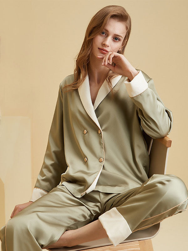 2Pcs Blazer Collar Silk Satin Pajamas