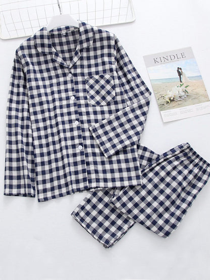 Plaid Pocket Cotton Couple Pajama Set - Kafiloe