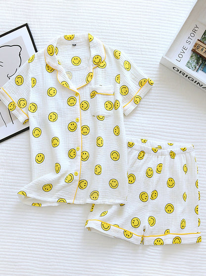 Smiley Print Shirt Pajamas Set