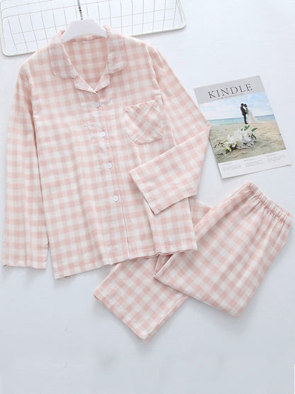 Plaid Pocket Cotton Couple Pajama Set - Kafiloe