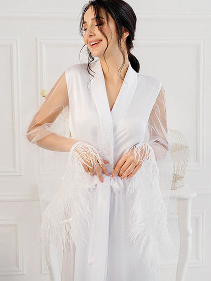 Lace Feather Satin Cardigan Nightgown