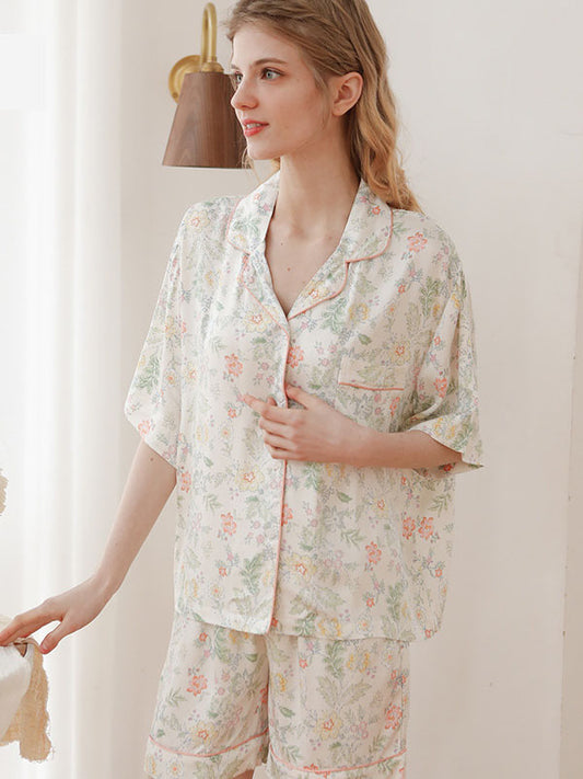 Ensemble pyjama short chemise en coton à fleurs