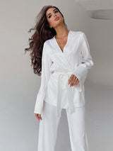 2Pcs Summer Long Sleeve Satin Cardigan Loungewear