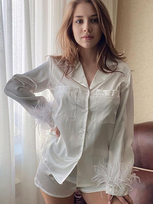 2Pcs Long Sleeve Silk Satin Button Collar Pajamas
