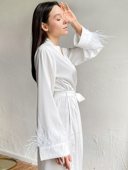 Long Sleeve Feather Silk Satin Robe