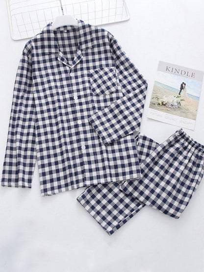 Plaid Pocket Cotton Couple Pajama Set