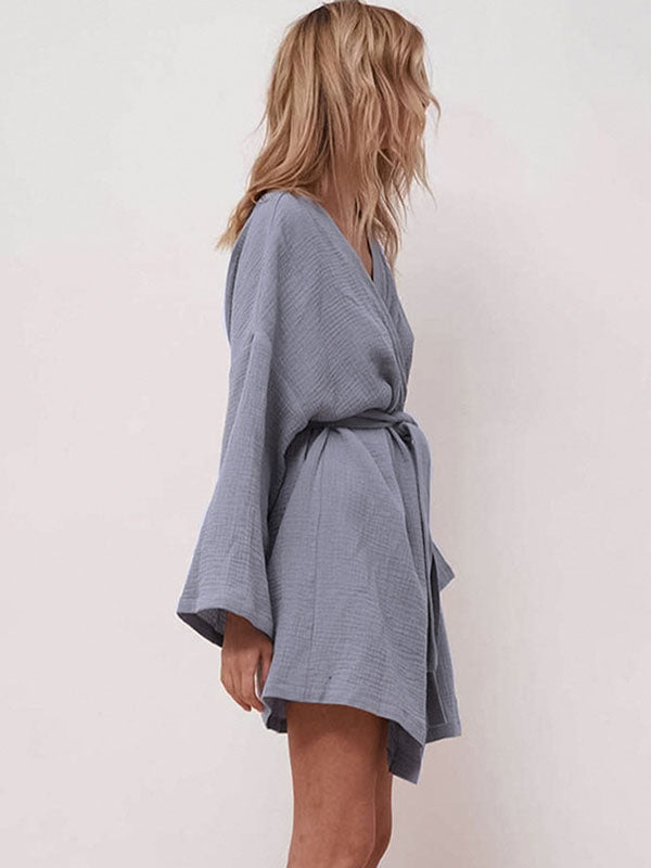Long Sleeve Gauze Mini Dresses Cardigan Robe