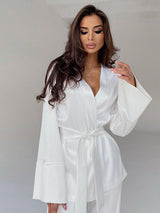 2Pcs Summer Long Sleeve Satin Cardigan Loungewear