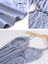Conjunto de pijama de satén de seda de encaje sólido de 5 piezas