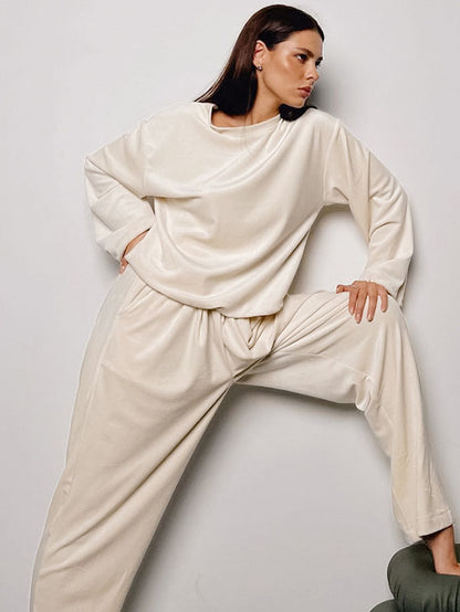 2Pcs Velvet Long Sleeve Solid Color Pajamas