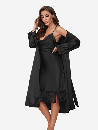 2Pcs Satin Cardigan Coat Strappy Nightgown Set