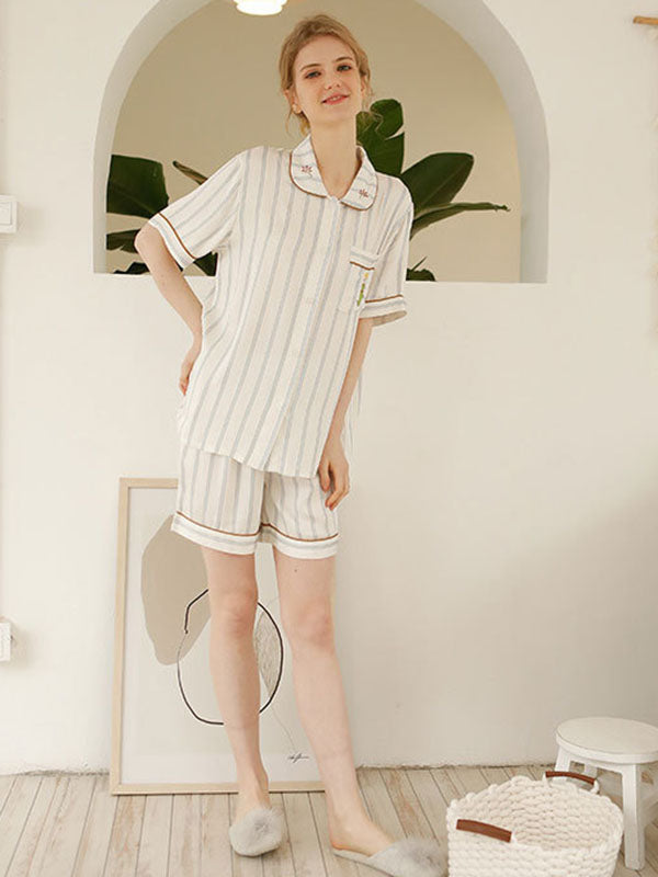 Cotton Stripe Shirt Shorts Pajamas Set