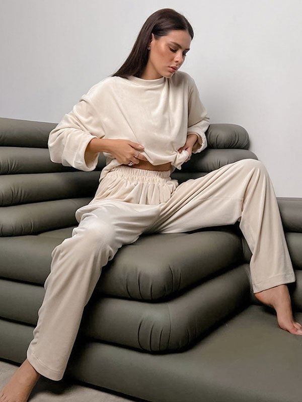 2Pcs Velvet Long Sleeve Solid Color Pajamas