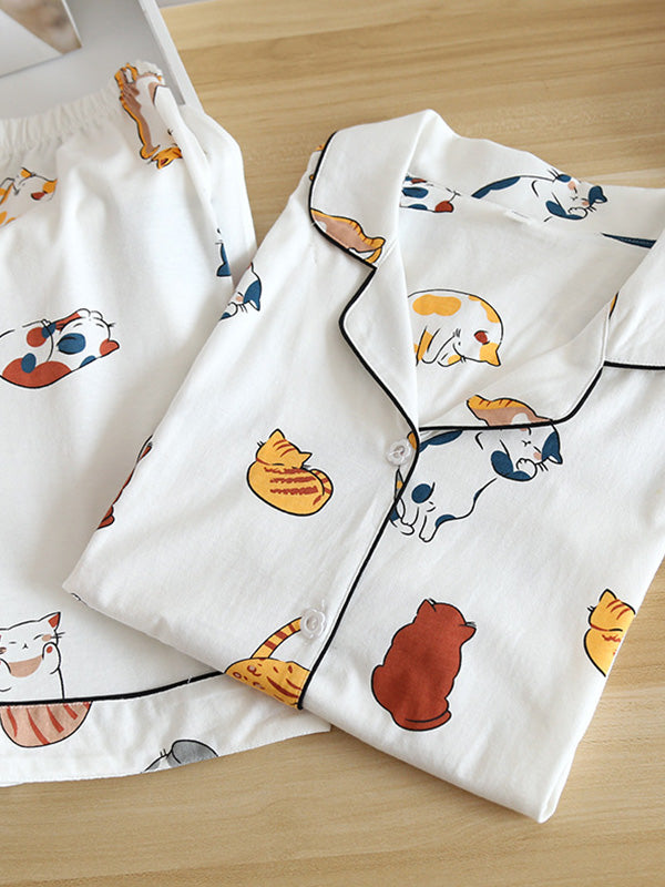 Cat Print Cotton Pajama Set - Kafiloe