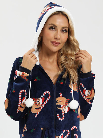 Christmas Long sleeve Hooded Flannel Jumpsuit