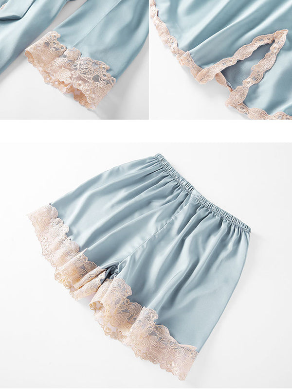 5pcs Lace Stitching Silk Satin Pajama Set