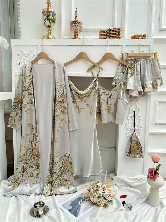4pcs Floral Print Satin Pajama Set