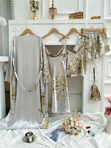 Conjunto de pijama de satén de seda con estampado floral de 4 piezas