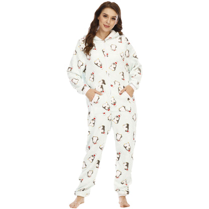 Christmas Hooded Zipper Flannel Pajamas Jumpsuit