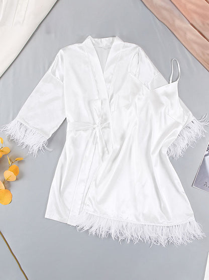 2Pcs Nightgown Silk Satin Ferther Mini Dress Loungewear