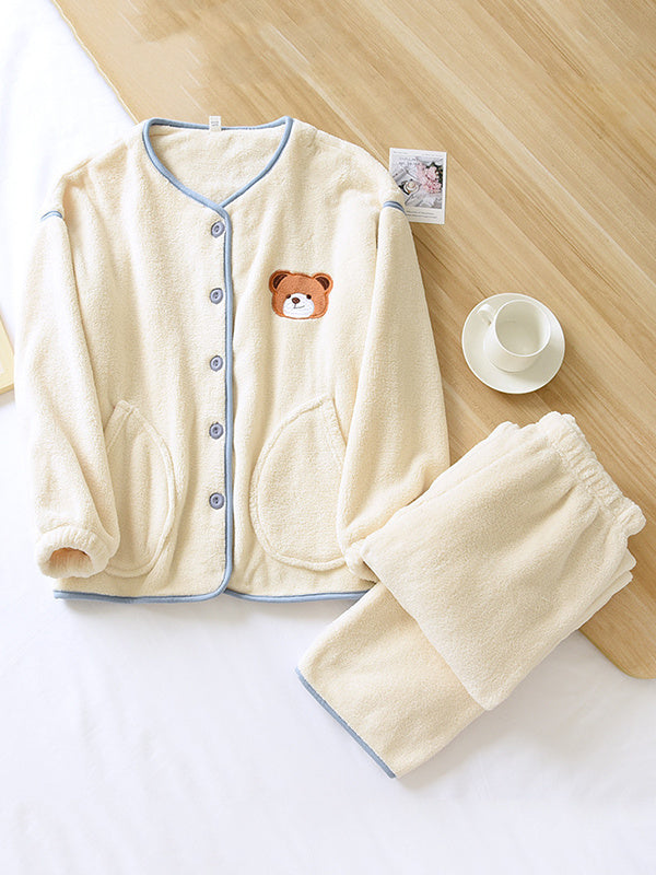 Bear Embroidery Flannel Pajama Set