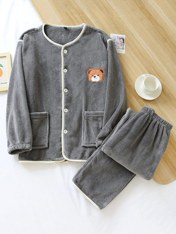 Bear Embroidery Flannel Pajama Set