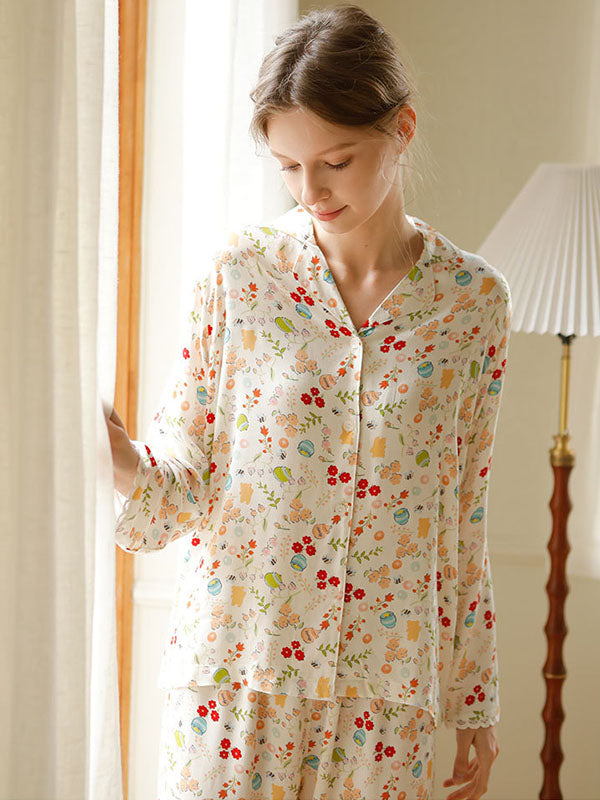 Satin Floral Shirt Pajamas Set