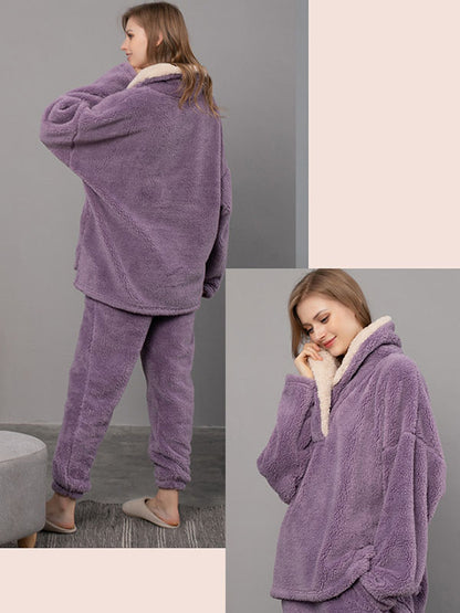 2Pcs Fleece Lapel Long Sleeve Pajamas