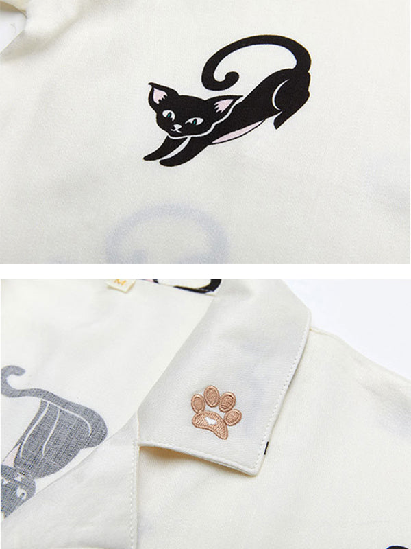 Cartoon Cat Print Cotton Pajama Set