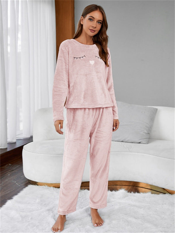 Cute Embroidery Flannel Pajama Set