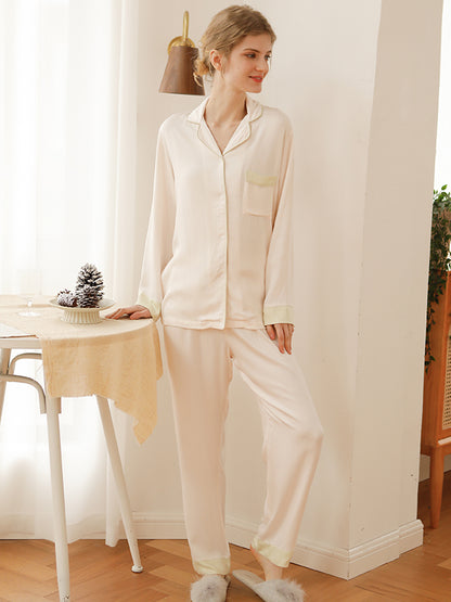 Contrast Color Pocket Cotton Pajama Set