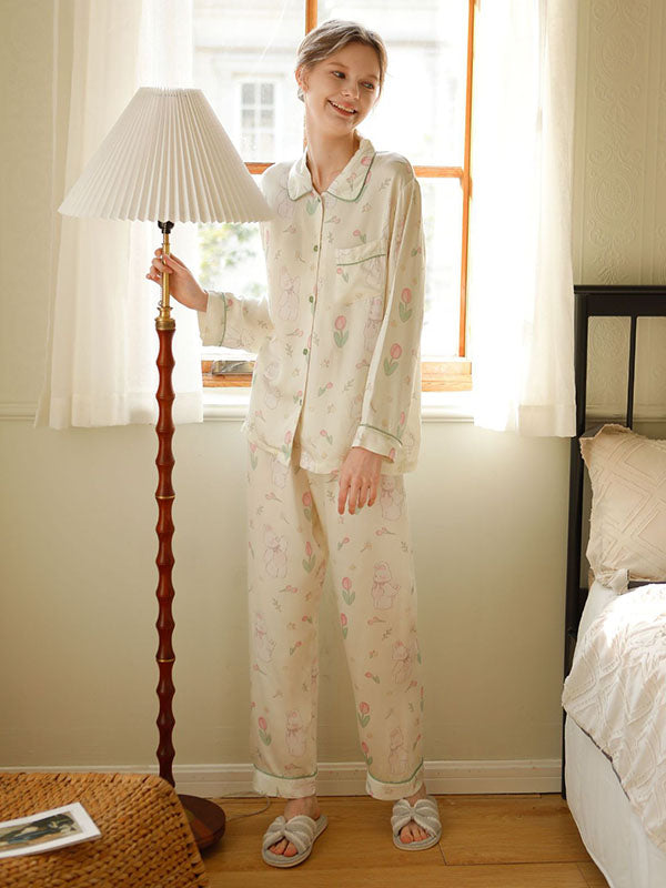 Cute Rabbit Print Shirt Pajamas Set