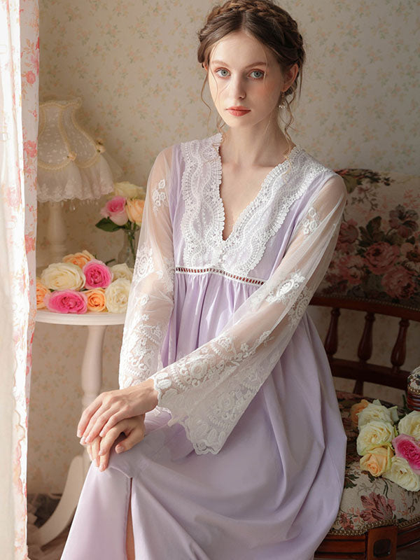 Lace Long Sleeve Patchwork Mesh Nightgown