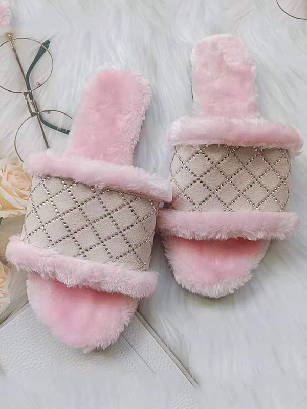 Fluffy Quilted Rhinestone Decor Slippers