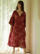 Vestido de salón en algodón con estampado de hojas rojas