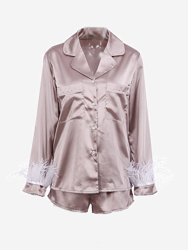 2Pcs Long Sleeve Silk Satin Button Collar Pajamas