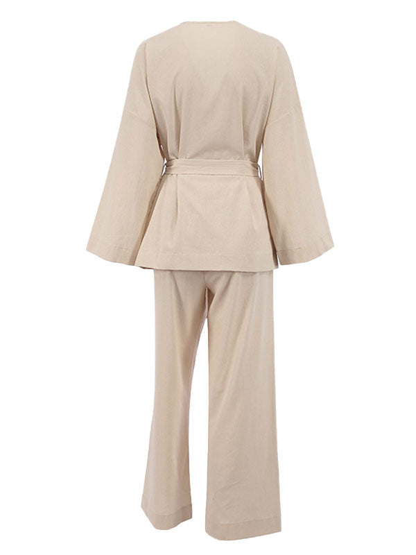 2Pcs Linen Cardigan Long Pants Robe Set