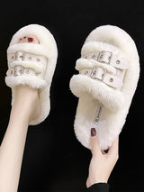 Double Buckle Furry Slippers