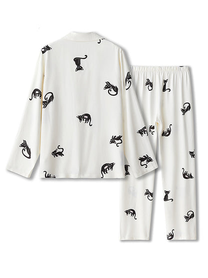 Cartoon Cat Print Cotton Pajama Set